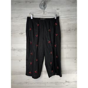 Richard Malcolm Pants Womens 12 Petite Black Linen Blend Cherry Embroidered
